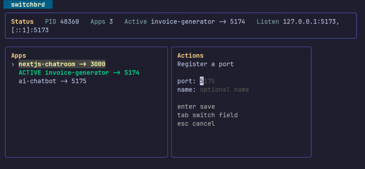 switchbrd terminal UI showing app status and registration