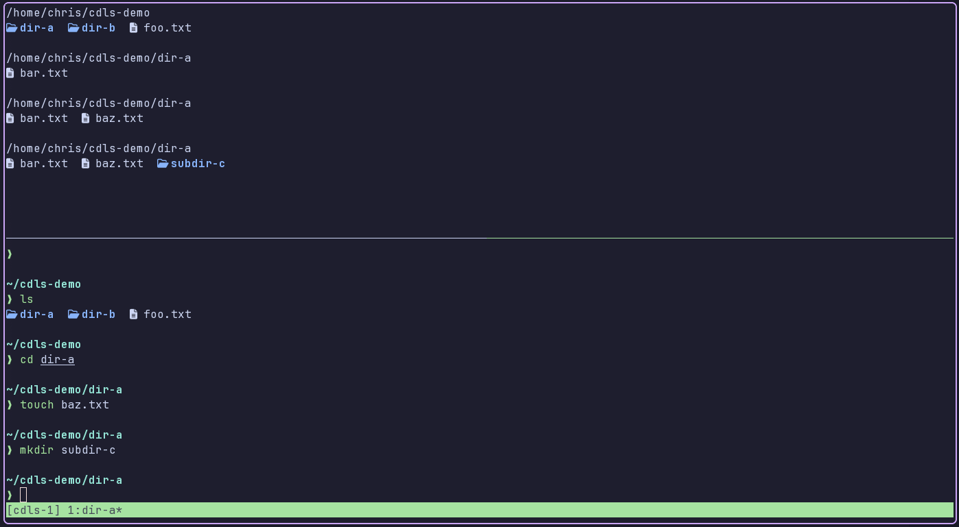 tmux-cdls screenshot showing directory listing pane